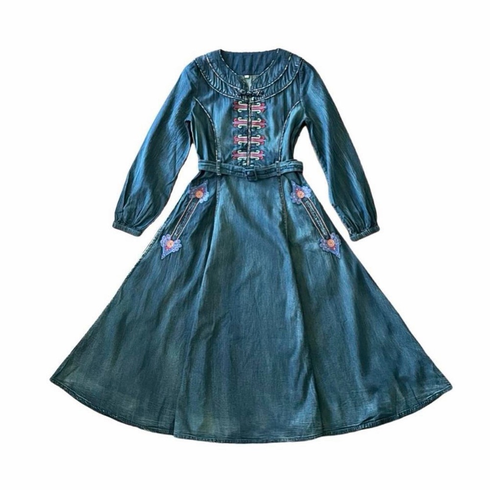 Embroidered Denim Boho Midi Dress - Size S